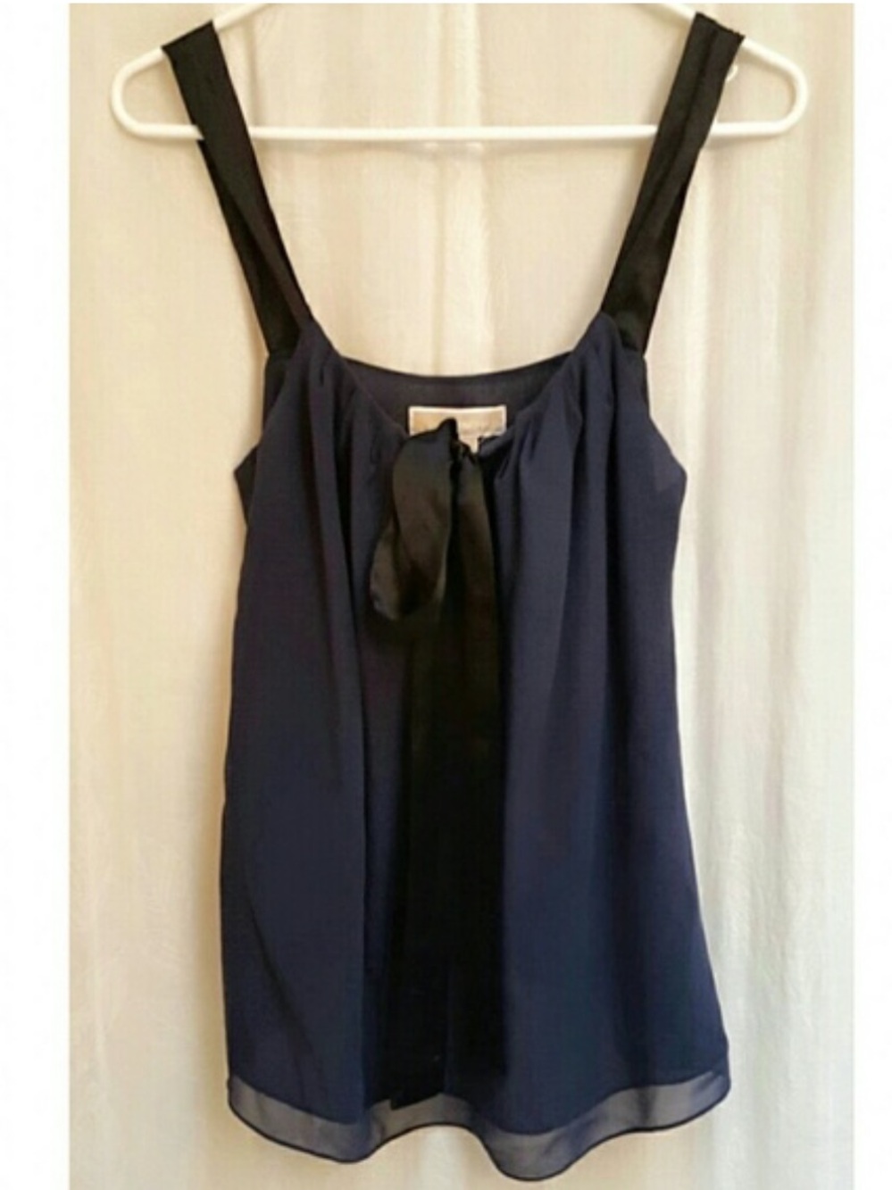 Michael Kors Navy Silk Tank Top with Tie-Front Black Ribbon Bow